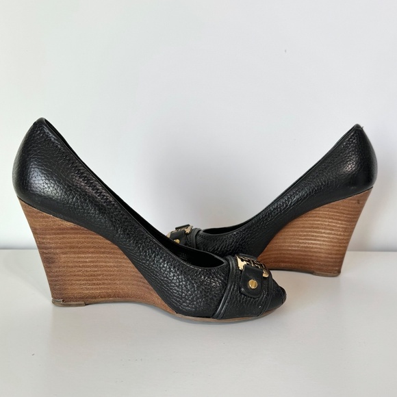 Tory Burch Carnell Open Toe Navy Wedge Heels Gold Logo Size 7 - Picture 5 of 10